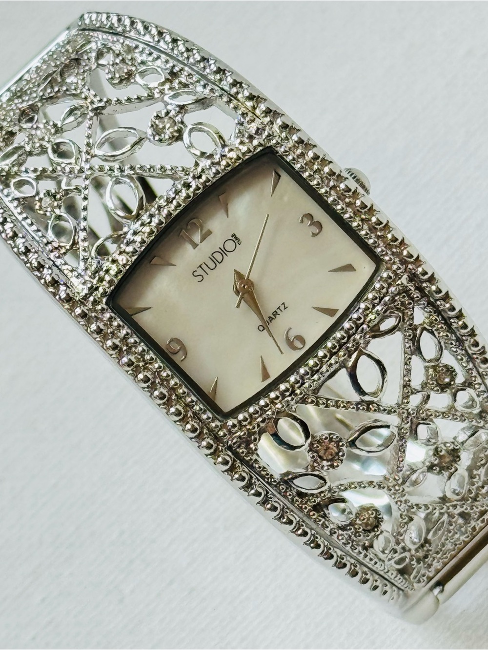 Studio Time Mother Of Pearl Women's Silver Cuff Bracelet Watch Crystals STD2754